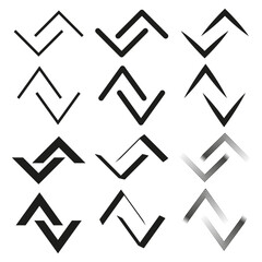Chevron pattern set. Dynamic abstract shapes. Black geometric vectors. Repeating angled designs.