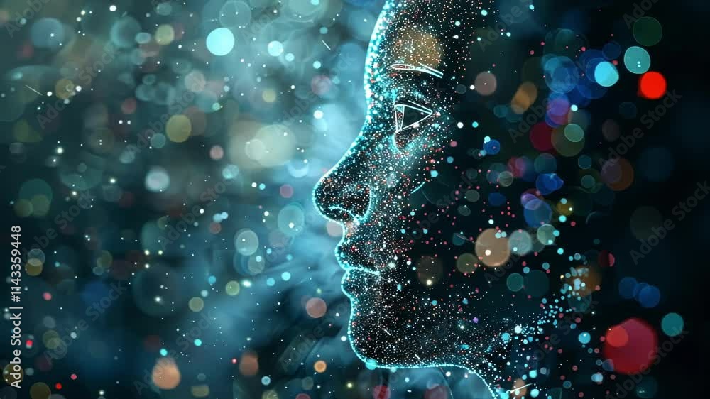 Poster digital human face forming from data particles flowing in cyberspace, representing artificial intell