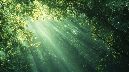 Fototapeta premium Sunlight Filtering Through Canopy Leaves in Vibrant Green Forest Scene