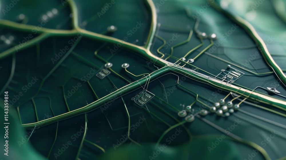 Poster detailed close-up of a dark green leaf with embedded digital circuit pathways, blending nature and a