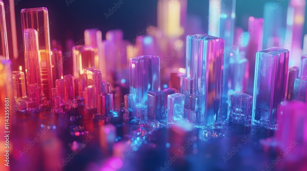 Poster A vibrant, abstract representation of crystalline structures illuminated in colorful light.