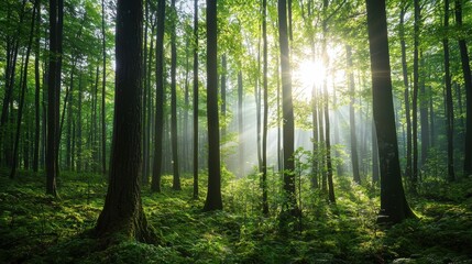 Obraz premium Serene Sunlight Streaming Through Lush Green Forest with Vibrant Plants and Tall Trees