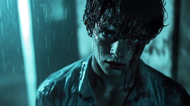 Bloody Teenager in the Rain: A Dramatic Portrait