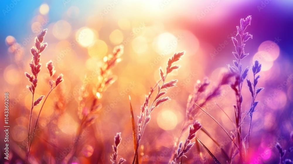 Poster a vibrant, dreamy scene of grass illuminated by soft sunlight and colorful bokeh effects.