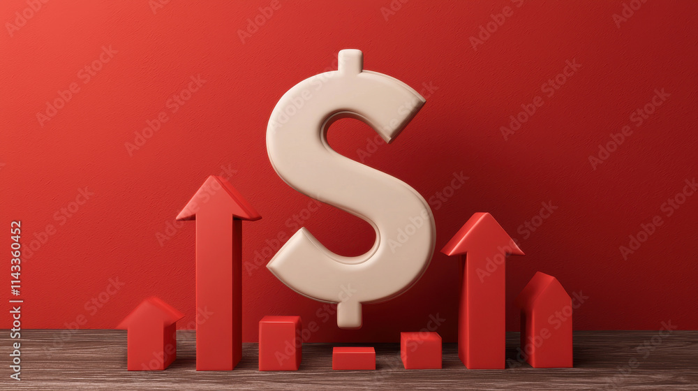 Poster u.s. inflation concept. dollar symbol with upward arrows and graphs on red background