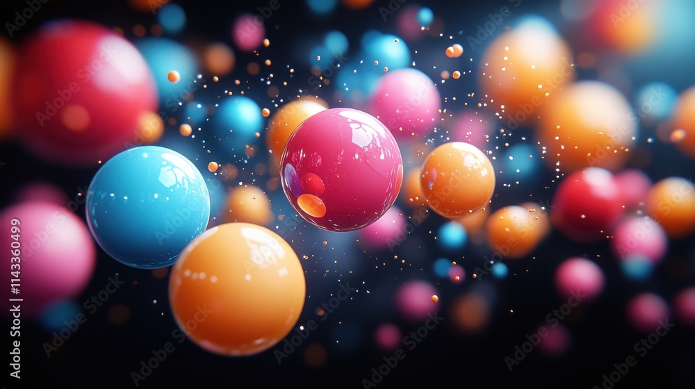 Poster abstract 3d render colorful bubbles on black backgroun