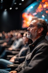 Obraz premium Man with glasses attentively watching a presentation at a conference in a dimly lit auditorium with engaging visuals. Generative AI