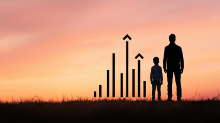 Fototapeta premium U.S. Inflation concept. Silhouette of man and child against sunset with growth graph overlay