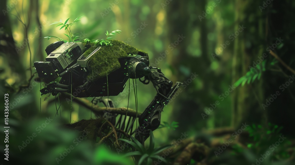 Poster ai-generated depiction of a robotic entity covered in moss and plants navigating a dense forest, ble