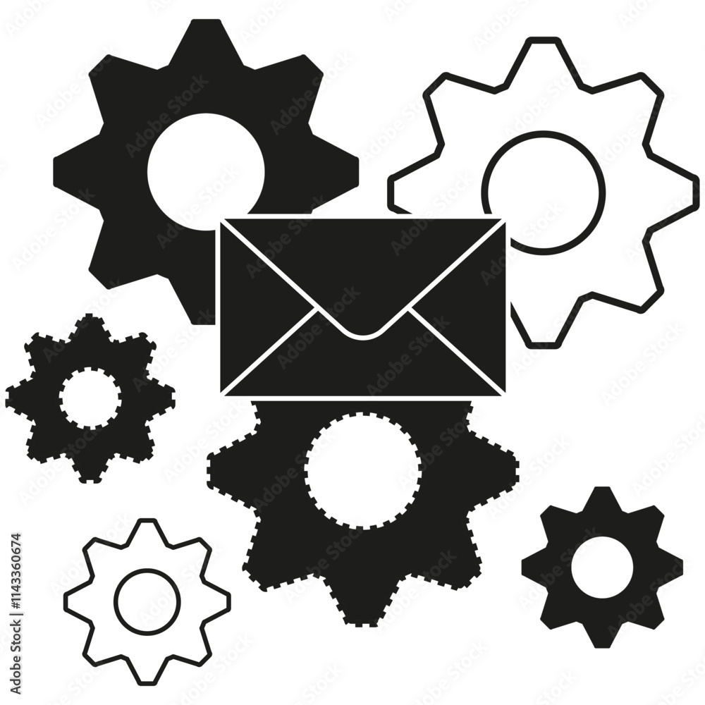 Poster envelope and gears. mail system vector. communication process icon. black correspondence symbol.