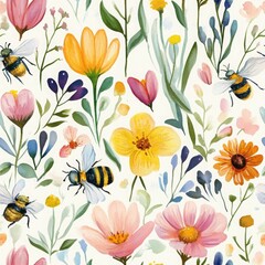 Whimsical Watercolor Spring Flowers and Bees
