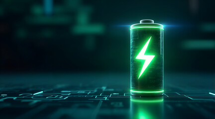 Glowing Green Battery Icon Representing Sustainable Energy and Power Efficiency