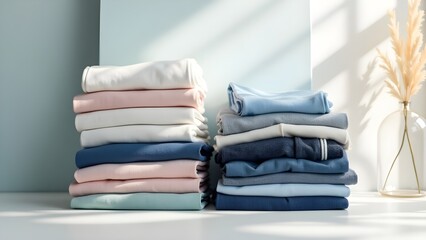 A stack of folded clothes with price tags, set against a clean retail backdrop