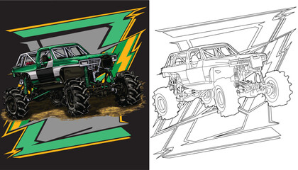 outline green truck splash, isolated on a black background, for t-shirt design, print, and for business,s purposes. © wendy