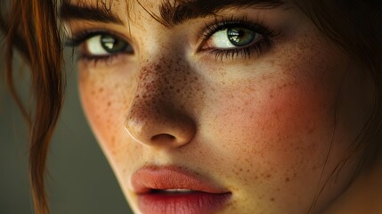 Fototapeta premium Close-up portrait of a young Caucasian woman with freckled skin and captivating green eyes.