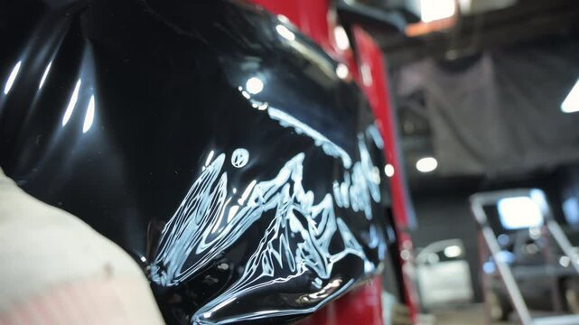 Process of applying a dark PPF film with heating and scraper to a truck front side. Close up footage of applying a film on a car. 