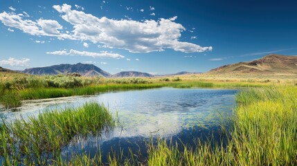 Fototapeta premium Peaceful Wetland Ecosystem with Lush Green Plants and Serene Blue Sky Over Mountains