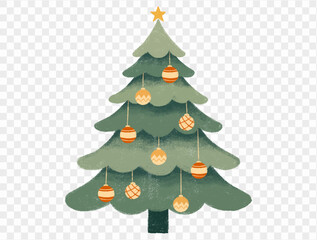 Hand drawn Christmas tree with chalk style decorations and childlike lines on  transparent background, perfect for festive designs. vector