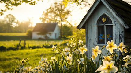 Obraz premium A serene countryside chapel adorned with blooming flowers and Easter decorations, illuminated by warm morning sunlight, providing a perfect backdrop for holiday celebrations and spiritual messages. 