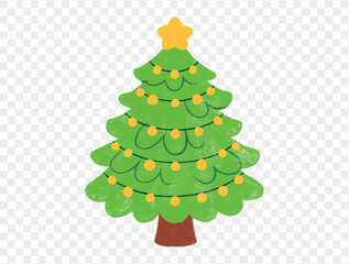 Hand drawn Christmas tree with chalk style decorations and childlike lines on  transparent background, perfect for festive designs. vector