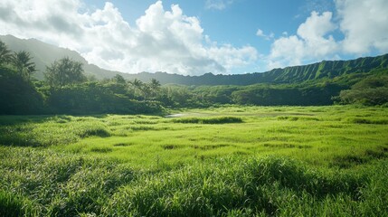 Fototapeta premium Serene Meadow with Lush Greenery Under a Clear Blue Sky in a Natural Landscape
