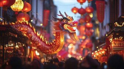 Fototapeta premium Radiant Dragon's Festive Dance amidst glowing lanterns, a vibrant spectacle of Chinese New Year celebrations.