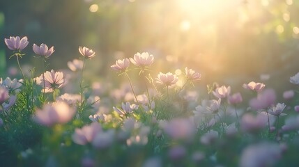 Pink Cosmos Flowers Blooming In Golden Sunlight