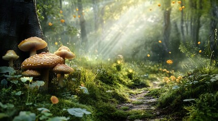 Enchanted Forest Path with Mushrooms. Concept of magic, fantasy, and nature.