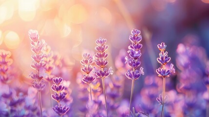 Obraz premium Lavender flowers in soft sunlight, vibrant purple shades, blurred background with bokeh effect, creating a serene and calming atmosphere, ideal for nature themed projects