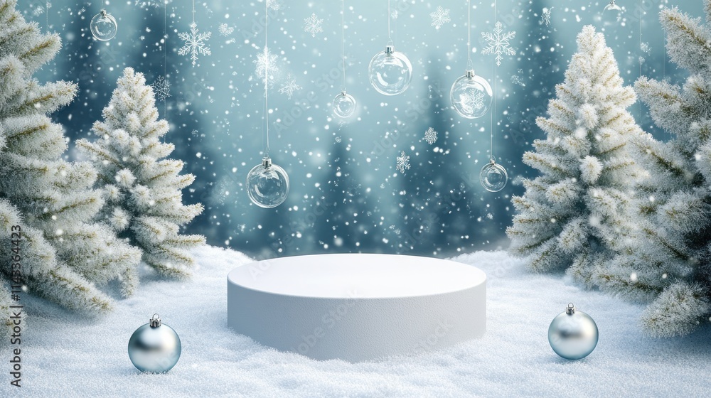 Poster a winter scene featuring snow, evergreen trees, and a circular platform for display.