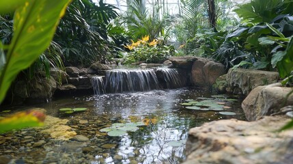 Lush Tropical Ecosystem with Flowing Waterfall and Vibrant Green Plants in Natural Setting