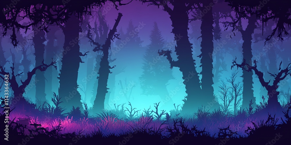 Aufkleber a mystical forest scene with vibrant colors and silhouettes of trees, creating an enchanting atmosph