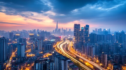 Modern City Skyline at Dusk. Urban Infrastructure and Development.