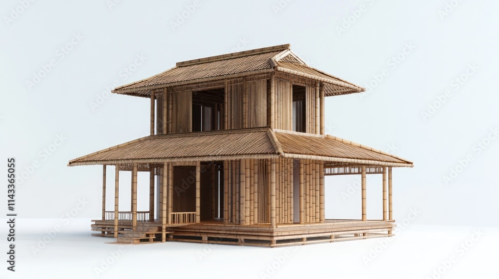 Aufkleber a wooden house design showcasing traditional architecture with multiple levels and a spacious porch.