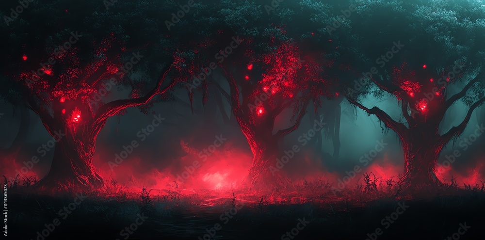 Poster a mystical forest scene with glowing red trees and fog, creating an eerie atmosphere.