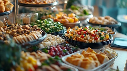 Obraz premium A colorful buffet display featuring a variety of fresh salads and appetizers.
