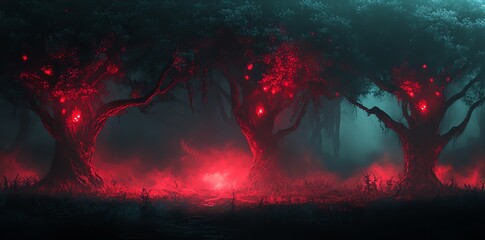 A mystical forest scene with glowing red trees and fog, creating an eerie atmosphere.