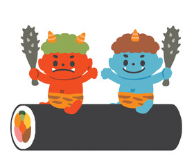 節分の恵方巻に乗る赤鬼と青鬼