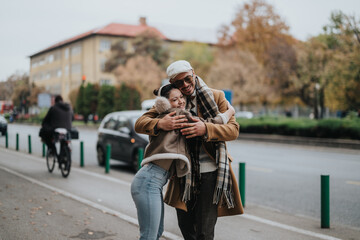 Fototapeta premium A joyful couple shares a warm embrace on a city street, surrounded by autumn foliage. Their happiness is evident, showcasing love and togetherness in an urban setting.