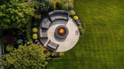 Aerial view of a circular patio with fire pit and seating area.