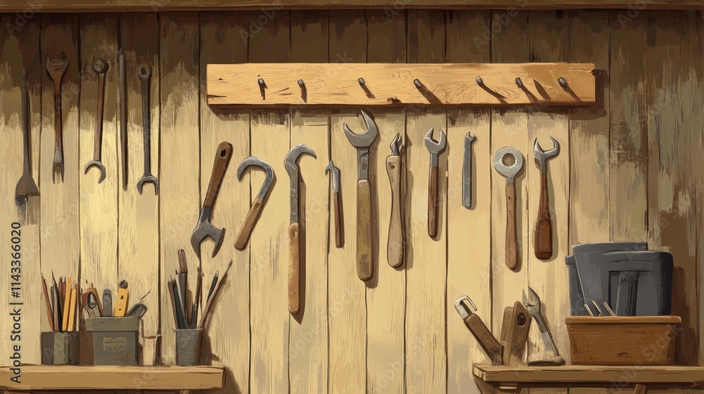 Poster a wooden wall displaying various hand tools organized for easy access and use.