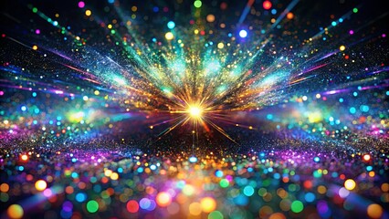 A vibrant symphony of light and color, radiating from a radiant core, creating a dazzling display of shimmering particles and blurred orbs.