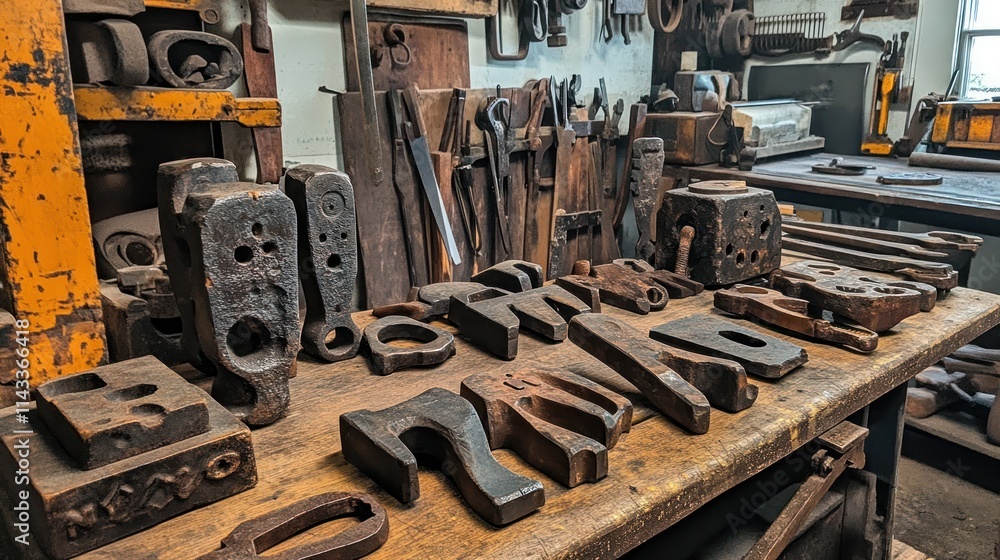 Poster a workshop table cluttered with various metal tools and objects, showcasing craftsmanship.
