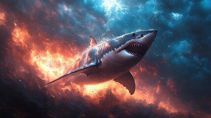 Fototapeta premium Great white shark flying through fiery, stormy sky.