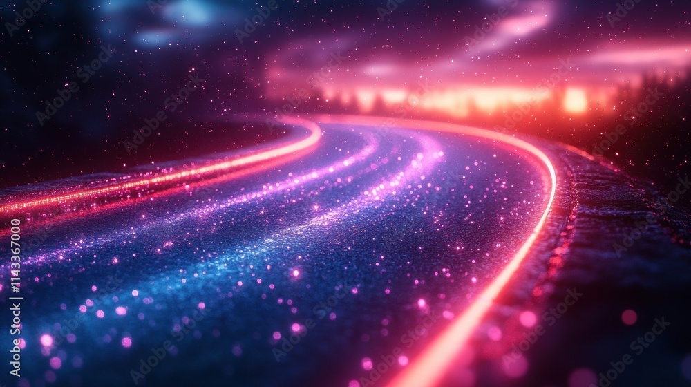 Poster Data Flow in Cyberpunk Landscape with Purple and Silver Light Trails Representing Speed and Connectivity