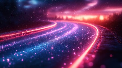 Data Flow in Cyberpunk Landscape with Purple and Silver Light Trails Representing Speed and Connectivity