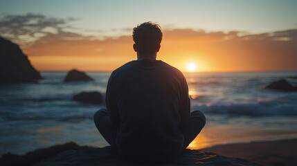 A young man enjoying a serene sunset by the ocean, reflecting on nature's beauty.