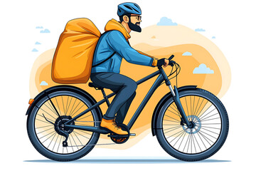 A flat vector illustration of a delivery man with a big delivery bag on a bike, symbolizing delivery service. The design features a professional setting with a modern and clean style, set against a wh