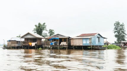 Fototapeta premium Stilted river houses in a serene village. Tranquil waters reflect the sky, creating a picturesque scene.