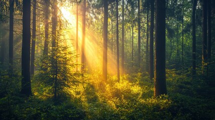 Fototapeta premium Vibrant Forest Scene Capturing Natural Beauty with Sunlight Filtering Through Trees